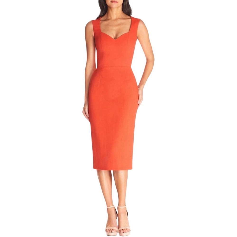 Dress the Population Elle Sweetheart Neck Sheath Midi Dress Orange M Sexy Classy